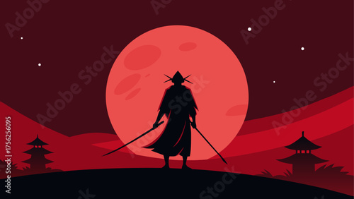 Silhouette samurai with red moon backdrop