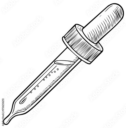 Illustration of a Glass Dropper with Bubbles Black and White, Lab Equipment Sketch