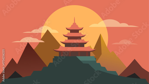 Asian temple on mountain at sunset time