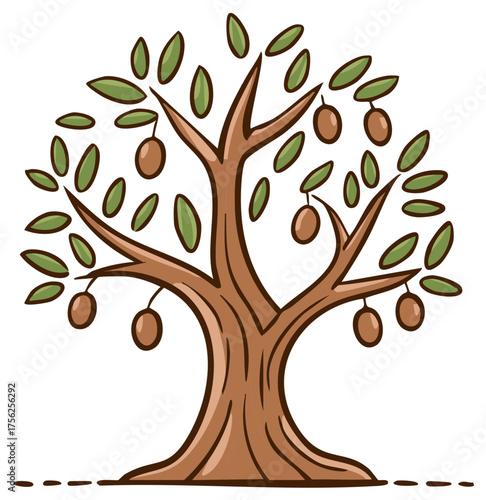 Cartoon Olive Tree with Green Leaves and Fruits Simple Illustration for Print or Digital Use