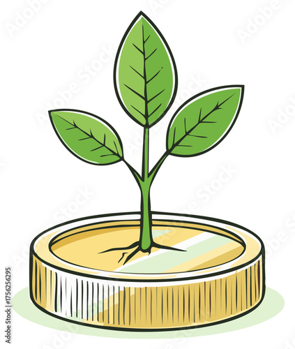 Illustration of a seedling growing in a coin depicting financial growth and investments