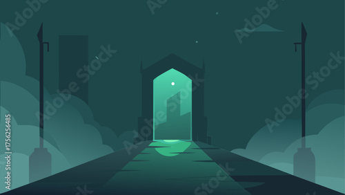 A pathway to a glowing gate in the dark