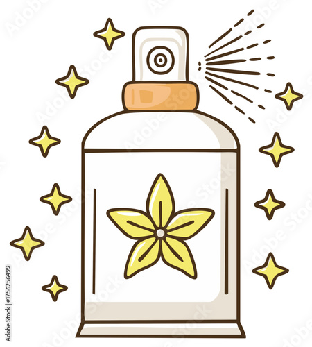 Cartoon style aroma spray bottle with yellow flower and stars. Cute fragrance illustration for beauty products.