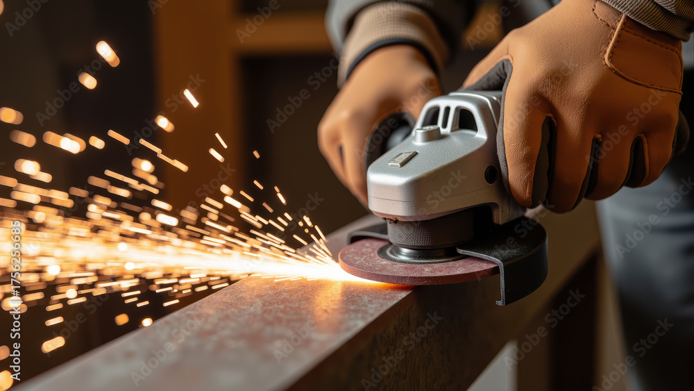 Naklejka premium Person using power tool to grind metal, creating sparks in workshop environment. focus is on tool and action of grinding