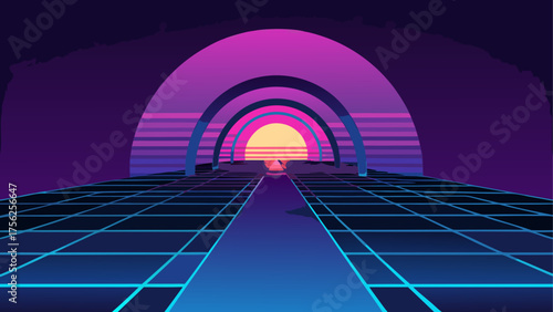 Retro tunnel with grid and sunset view