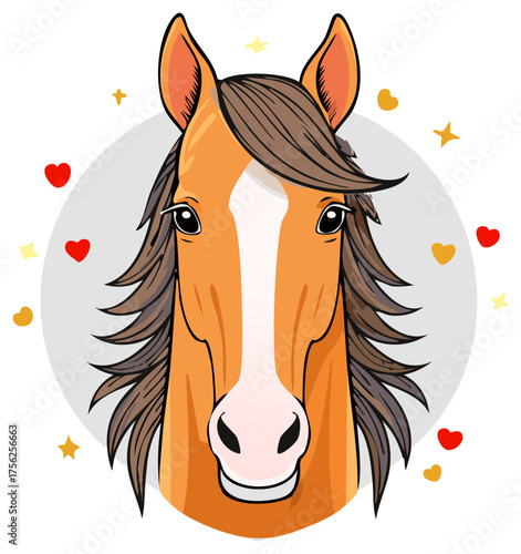 Whimsical Horse Portrait in Orange and Brown with Hearts and Stars
