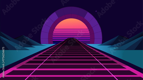 Retro landscape with neon grid and sunset
