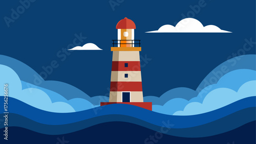 Lighthouse in ocean with clouds and waves