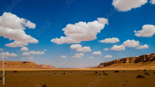A desert landscape with a blue sky and clouds. The sky is mostly clear, but there are a few clouds scattered throughout. The landscape is vast and empty, with no signs of life
