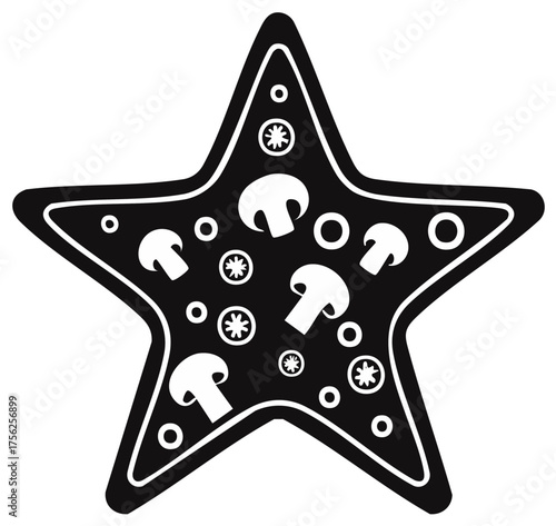 Delicious star shaped pizza with mushroom and various toppings monochrome graphic illustration