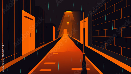 A rainy street with orange lit buildings