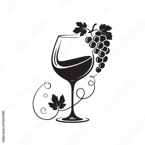Vector art of a black and white illustration of a wine glass filled with red wine and a bunch of grapes on a