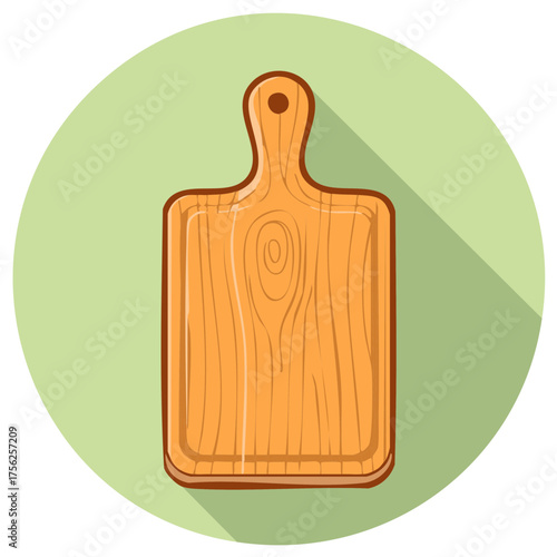Wooden cutting board with handle in round frame. Isolated vector cartoon style icon for menu, kitchen, cooking.
