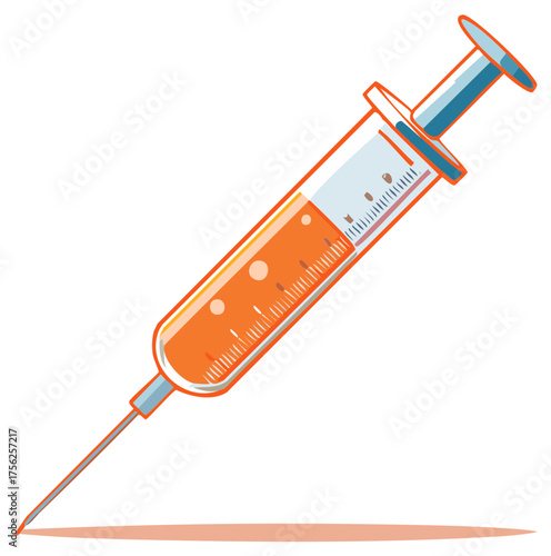 Illustration of an injection syringe containing orange liquid, representing medical treatment, vaccination or laboratory research concept