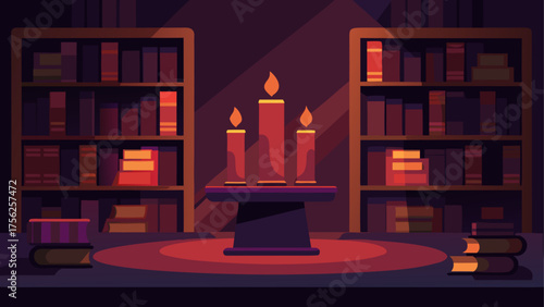 Candles and bookshelves in a dark room