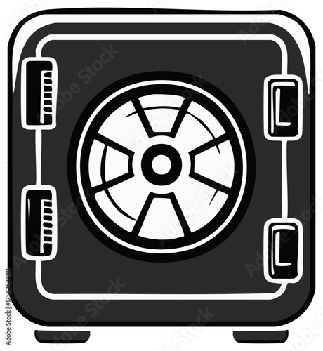 Stylized safe box icon illustration with dial and locking mechanisms for securing valuables