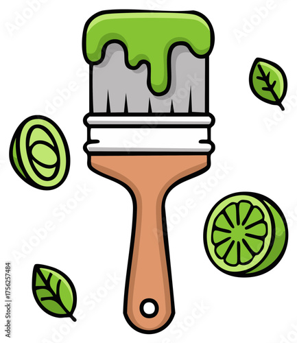 Refreshing Green Color Palette with Paintbrush, Citrus Fruit, and Natural Leaves Illustration
