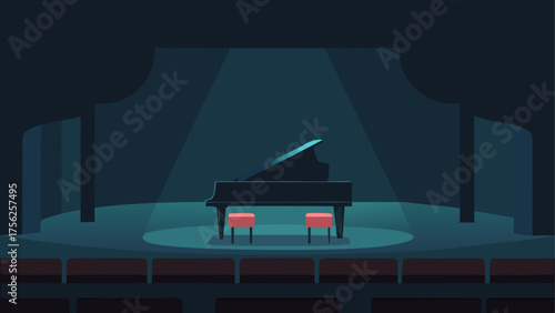 Piano and stools on stage in dark theater