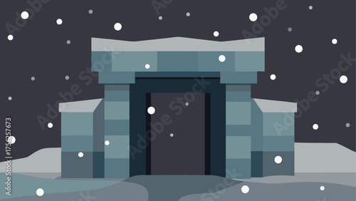 Entrance in winter with falling snowflakes