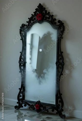 Vintage black mirror with heart shape reflection on glass surface  