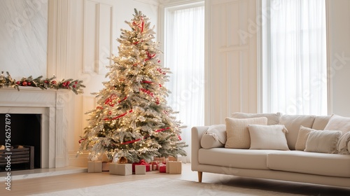 A cozy Christmas scene with a white tree decorated with red ribbon and lights, gifts, a white marble fireplace with green garland, and a beige sofa
