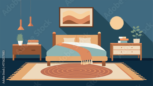 A cozy bedroom with a handwoven organic wool rug a natural wood nightstand and a bed frame made from recycled steel.