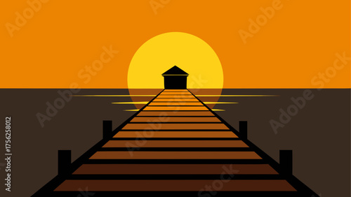 Sunset view with dock and house silhouette
