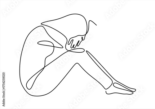 Continuous line drawings of man feeling sad, tired and worried about suffering from depression in mental health. problems, failures and concepts of heartbreak isolated on white background