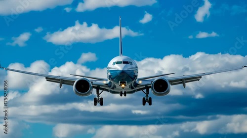 A large jet plane is flying through the sky with a blue and white color scheme. The sky is cloudy, but the plane is still able to fly through it