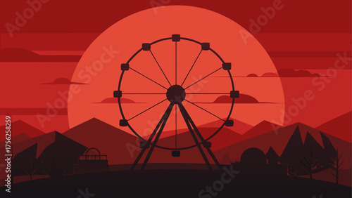 Ferris wheel silhouette against red sky