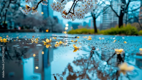 A city street with a tree in the background. The leaves on the tree are falling and the water on the street is reflecting the light