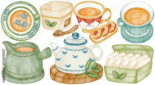 Watercolor tea time clip art with teapot teacup saucer bread snack dessert and herbal leaf element in warm cozy handdrawn style for cafe afternoon drink bakery or kitchen design