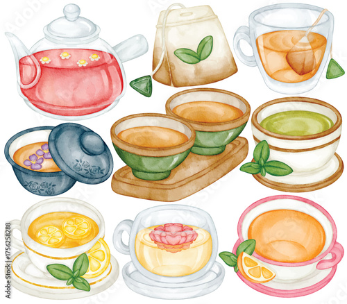 Watercolor tea clip art with teapot teacup tea bag herbal green tea lemon tea flower tea and mint leaf element in cozy warm handdrawn style for cafe drink or relaxation design