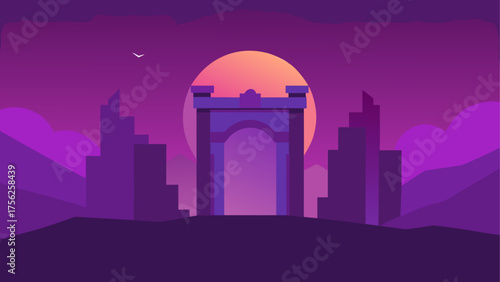 Archway silhouette at sunset landscape