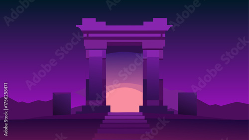 Purple gate with sunset in the background