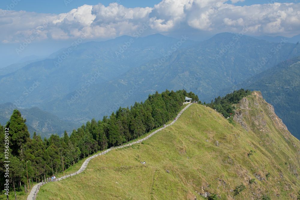 Naklejka premium View of Tarey Bhir point, popular tourist spot, Sikkim, India.The word 'Bhir' means cliff in the local Nepal language,about 10,000 feet long path, a breathtaking view at the edge, Himalayan mountains.