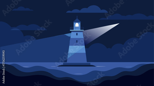 Lighthouse shining at night on the ocean