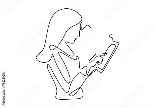 Person Using Tablet in Line	. continuous line drawing. Editable stroke.
