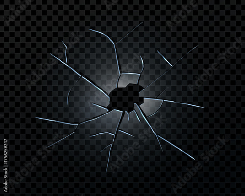 Broken glass screen with bullet and crash effect. Realistic shattered texture with sharp edges and acrylic reflections. Ideal for car damage, repair, or crime concept visuals.