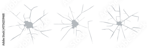 Cracked glass bullet impact with grunge texture and surface damage. Vector illustration of broken wall or window for repair, accident, or abstract poster design.