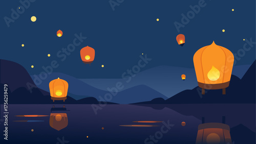 Sky lanterns floating over a dark lake