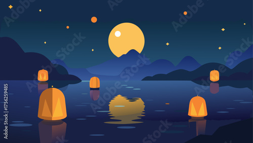 Night scene with lanterns and a full moon