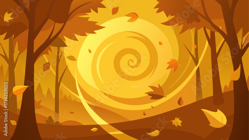 Autumnal forest with swirling wind and leaves