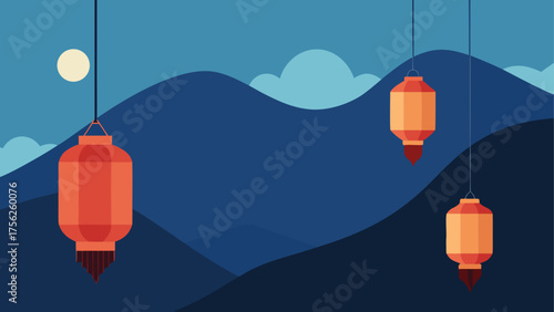Lanterns hanging over a mountain landscape