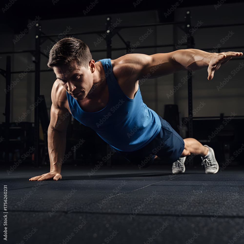 Fototapeta premium Muscular Man Doing a One-Arm Push-Up or Plank in a Gym