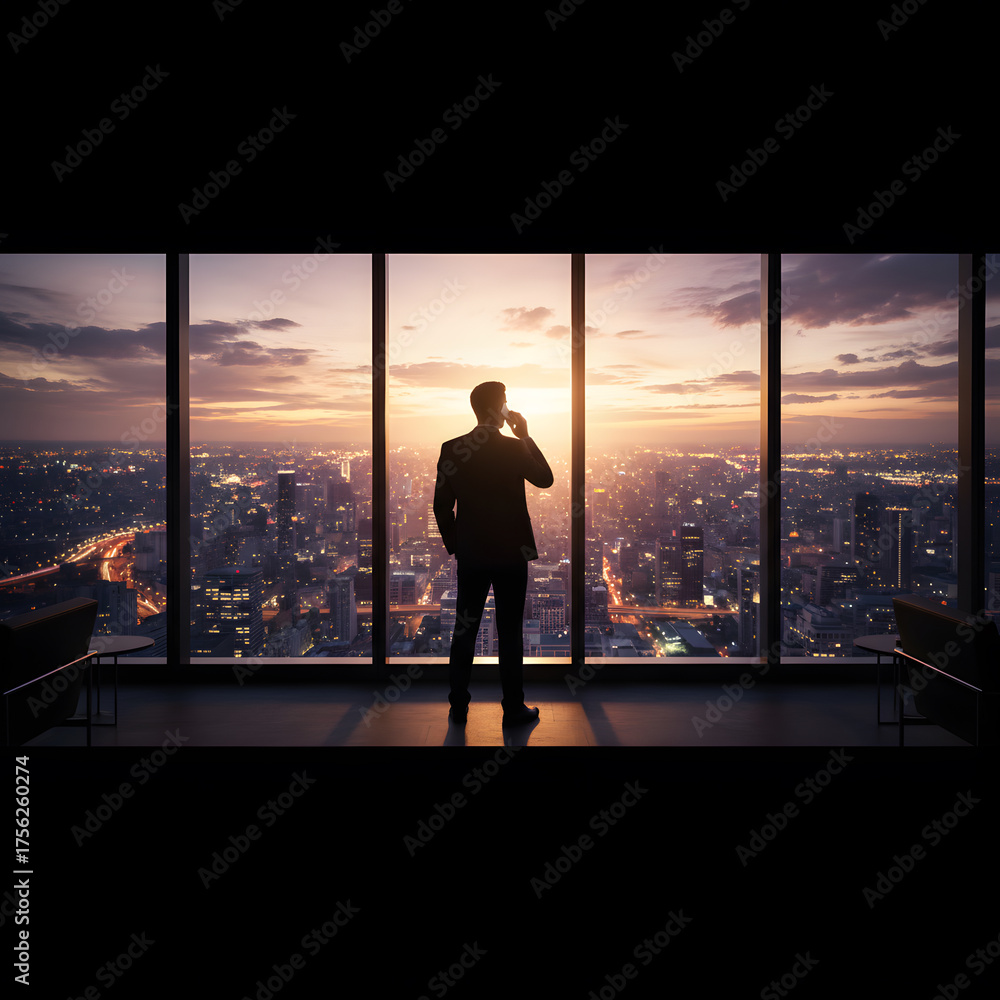 Fototapeta premium Businessman on a Phone Call Standing in Front of a Large Office Window Overlooking a City Sunset