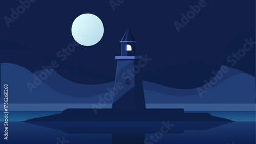 Lighthouse under a full moon at nighttime