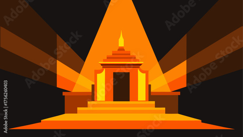 Orange temple with light shining down on it