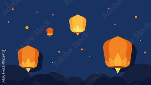 Illustration of sky lanterns at night time