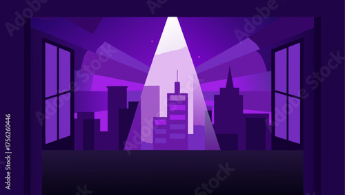 Cityscape view through a window at night